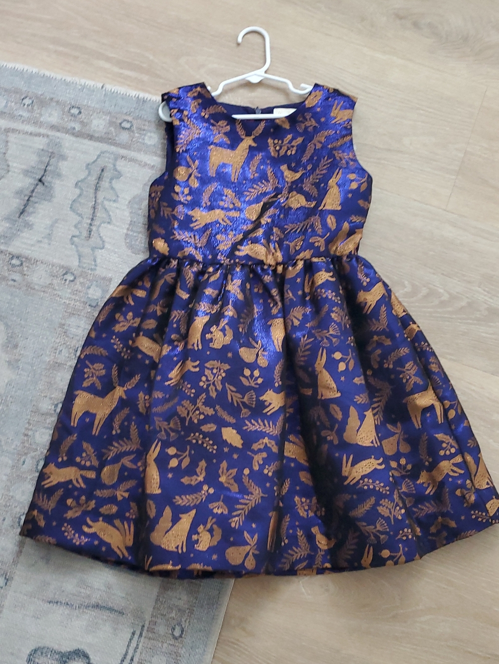 Mini Boden Girls Blue Gold Metallic Woodland Holiday Party Dress sz9-10y